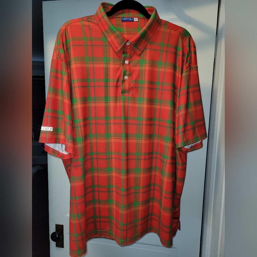 Hreski Red, Green, and Orange Plaid Design Golf Shirt 3XL